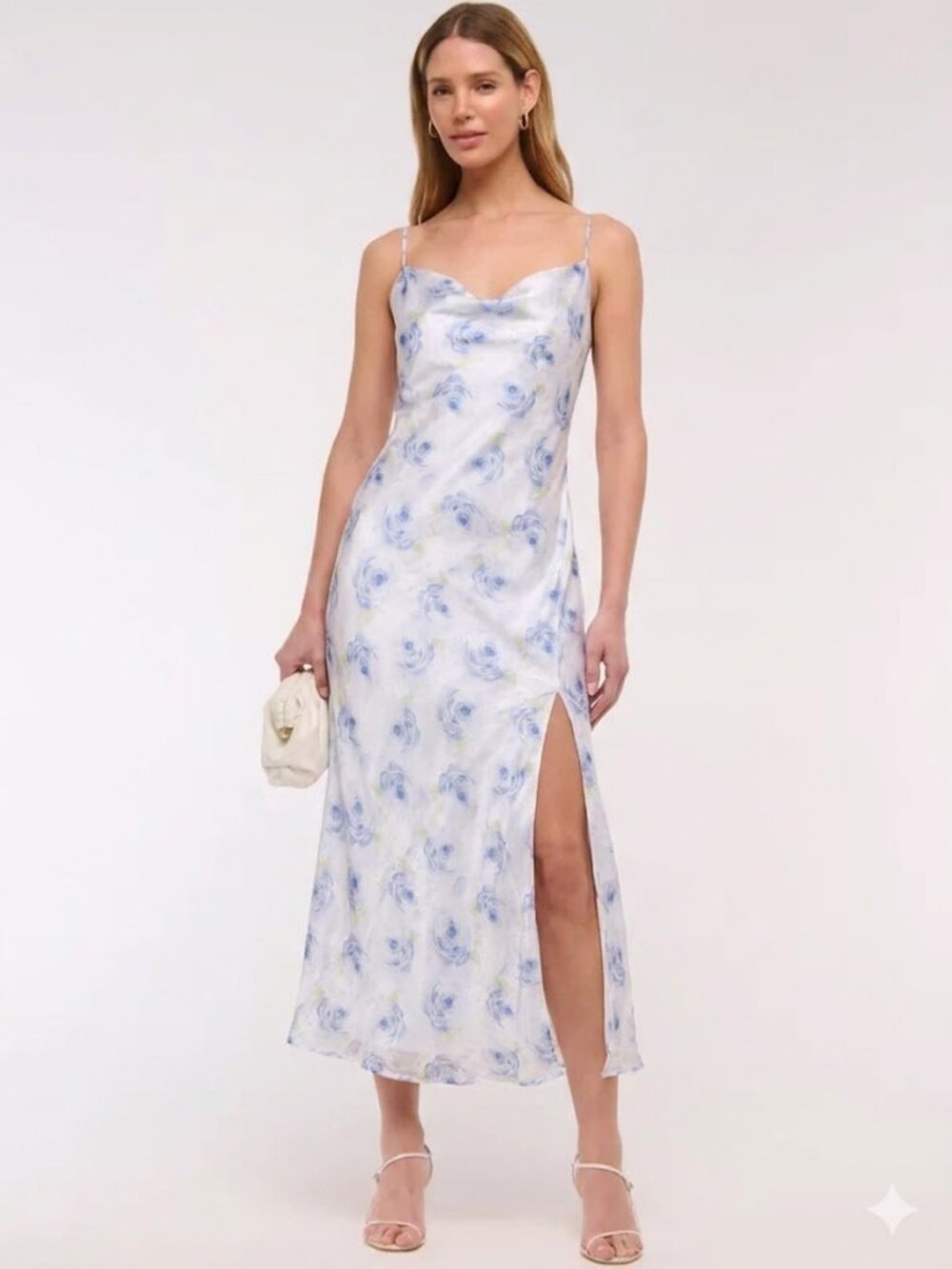 Lulu's Dreamy Direction Grey Blue Floral Organza Cowl Slip Midi Dress in XS - Picture 2 of 4